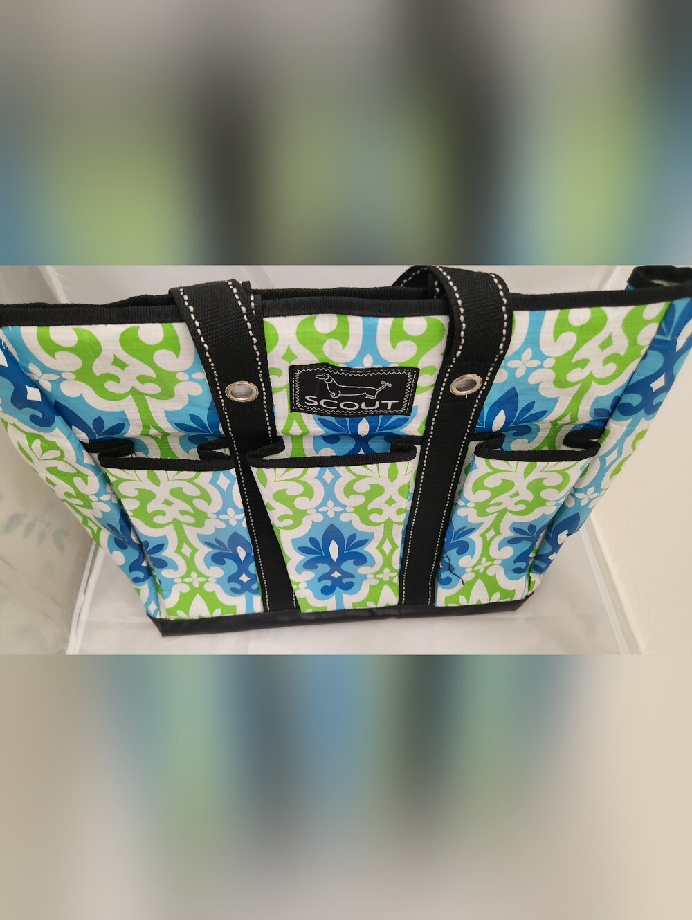 Scout Blue, Green & White Patterned Tote with Black Trim - Picture 3 of 6